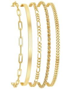 DEARMAY Gold Bracelets for Women Trendy Gold Jewelry Set for Women Cuban Link Chain 14K Gold Plated Filled Figaro Paperclip Rope Herringbone Bracelet Pack 18K Gifts for Women