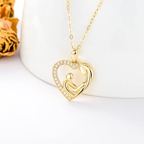 YDD 14K Solid Gold Mother and Child Necklace for Women Mother Daughter Necklace Mother Son Necklace Family Heart Pedant 16"-18" (style 1)