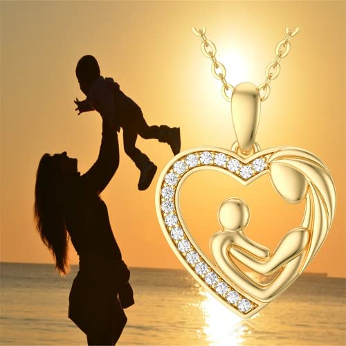 YDD 14K Solid Gold Mother and Child Necklace for Women Mother Daughter Necklace Mother Son Necklace Family Heart Pedant 16"-18" (style 1)