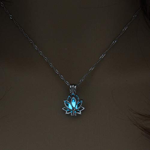 Essencedelight Women Lotus Flower Necklace Luminous Glow in The Dark Pedant Creative Hollowed Jewelry Chain,blue-green