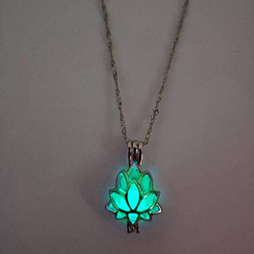 Essencedelight Women Lotus Flower Necklace Luminous Glow in The Dark Pedant Creative Hollowed Jewelry Chain,blue-green