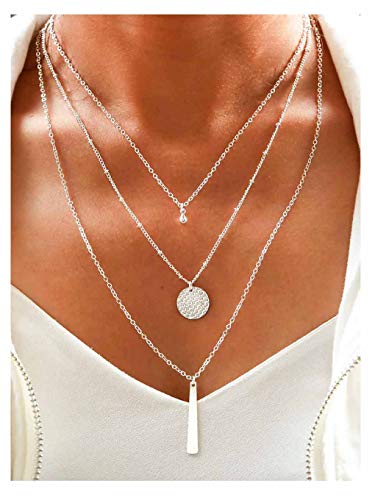 Yalice Multi-Layered Disc Necklace Chain Bar Drop Pendant Necklaces Coin Jewelry for Women (Silver)