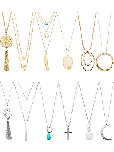 Hicarer 12 Pieces Long Pendant Necklace Set Y Tassel Leaf Circle Bar Necklace for Women (Versatile Style)