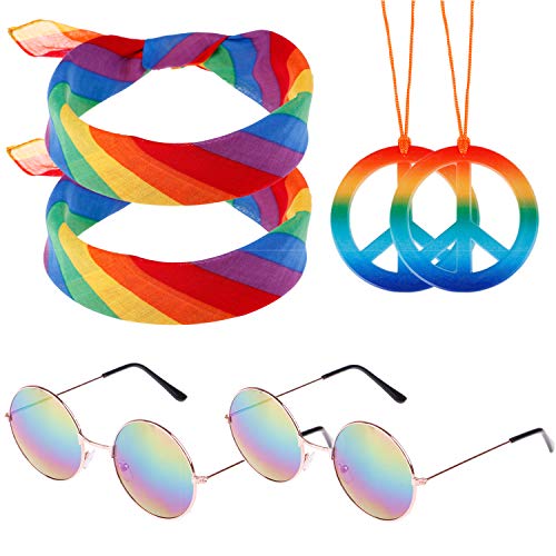 XGOOD 6 Pieces Rainbow Hippie Party Set Rainbow Bandanas Rainbow Peace Sign Pedant Necklace Hippie Colorful Sunglasses 60s for Women Men Party Supplies
