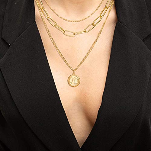ACC PLANET Gold Layered Necklaces for Women, 18K Gold Plated Retro Coin Pendant Gold Necklace Chunky Paperclip Link Chain Choker Necklaces for Women Girls Jewelry Birthday Gifts