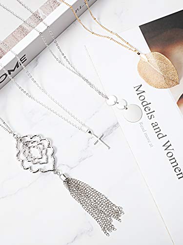 Hicarer 12 Pieces Long Pendant Necklace Set Y Tassel Leaf Circle Bar Necklace for Women (Versatile Style)