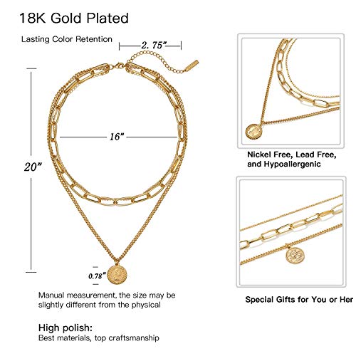 ACC PLANET Gold Layered Necklaces for Women, 18K Gold Plated Retro Coin Pendant Gold Necklace Chunky Paperclip Link Chain Choker Necklaces for Women Girls Jewelry Birthday Gifts