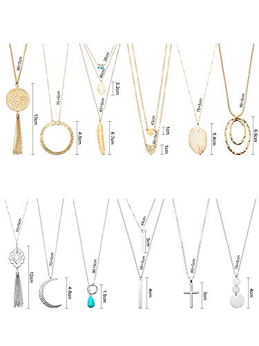 Hicarer 12 Pieces Long Pendant Necklace Set Y Tassel Leaf Circle Bar Necklace for Women (Versatile Style)