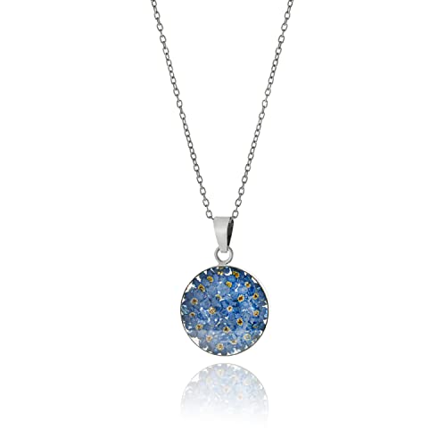 Amazon Essentials Women's Sterling Silver Pressed Flower Round Pendant Necklace, Blue, 16 (previously Amazon Collection)