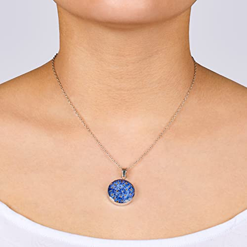 Amazon Essentials Women's Sterling Silver Pressed Flower Round Pendant Necklace, Blue, 16 (previously Amazon Collection)