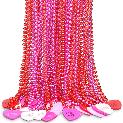 Ecally 24 Pcs Valentines Day Party Heart Shaped Beads Necklaces Pedant Red Pink Bead Necklace for Valentines Day Accessories Party Decorations