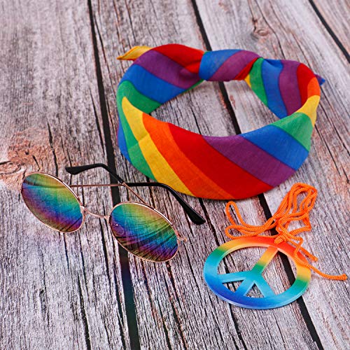 XGOOD 6 Pieces Rainbow Hippie Party Set Rainbow Bandanas Rainbow Peace Sign Pedant Necklace Hippie Colorful Sunglasses 60s for Women Men Party Supplies