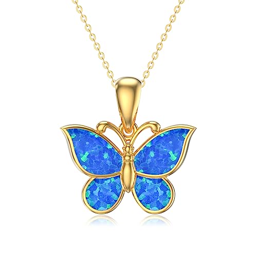 Aihpos 14K Gold Butterfly Necklaces For Women Solid Gold Butterfly Pedant Necklace With Blue Opal For Women Gold Opal Necklace Delicate Butterfly Jewelry For Her, 16+1+1 inches