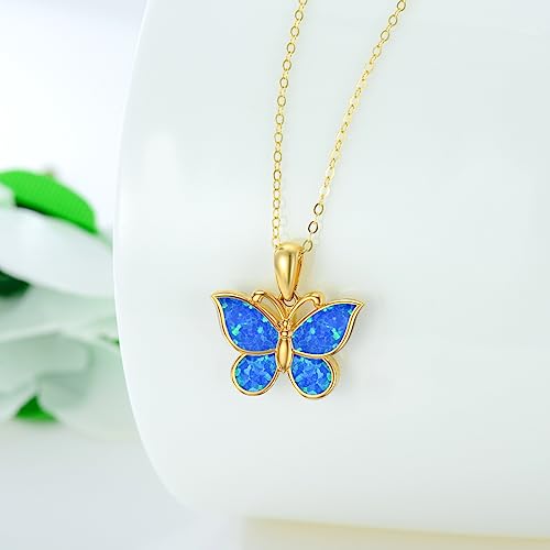 Aihpos 14K Gold Butterfly Necklaces For Women Solid Gold Butterfly Pedant Necklace With Blue Opal For Women Gold Opal Necklace Delicate Butterfly Jewelry For Her, 16+1+1 inches