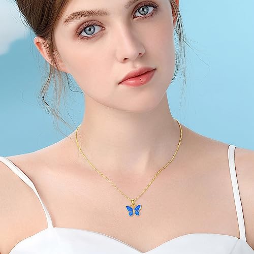 Aihpos 14K Gold Butterfly Necklaces For Women Solid Gold Butterfly Pedant Necklace With Blue Opal For Women Gold Opal Necklace Delicate Butterfly Jewelry For Her, 16+1+1 inches