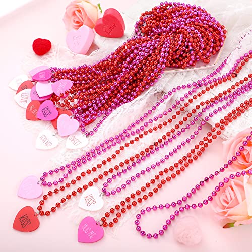 Ecally 24 Pcs Valentines Day Party Heart Shaped Beads Necklaces Pedant Red Pink Bead Necklace for Valentines Day Accessories Party Decorations