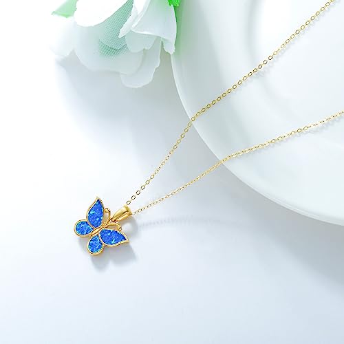 Aihpos 14K Gold Butterfly Necklaces For Women Solid Gold Butterfly Pedant Necklace With Blue Opal For Women Gold Opal Necklace Delicate Butterfly Jewelry For Her, 16+1+1 inches