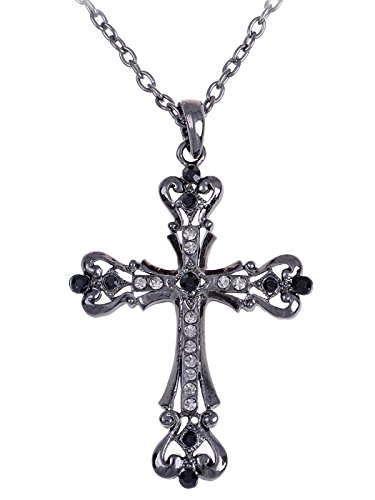 Alilang Womens Black Silver Clear Crystal Rhinestones Celtic Holy Cross Pendant Necklace, Black