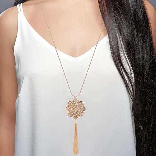 MOLOCH Long Necklaces For Woman Disk Circle Pendant Necklaces Tassel Fringe Y Necklace Set Statement Pendant (floral-shaped-gold)
