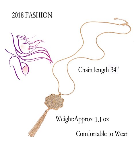 MOLOCH Long Necklaces For Woman Disk Circle Pendant Necklaces Tassel Fringe Y Necklace Set Statement Pendant (floral-shaped-gold)