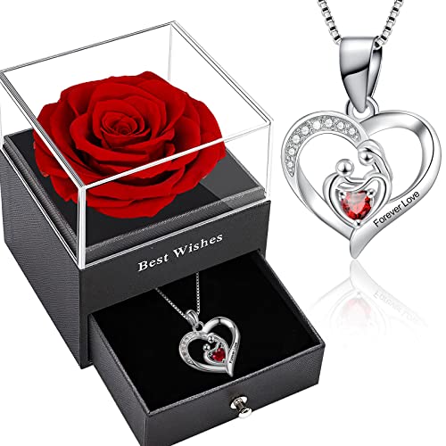 Mothers day gifts for Mum,Real Red Rose Box with Heart Silver Necklace,Eternal Rose with Mother and Baby Garnet Pedant,Crystal Necklace for Mother and Daughter Gifts,Preserved Rose Birthday Gift.
