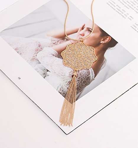 MOLOCH Long Necklaces For Woman Disk Circle Pendant Necklaces Tassel Fringe Y Necklace Set Statement Pendant (floral-shaped-gold)