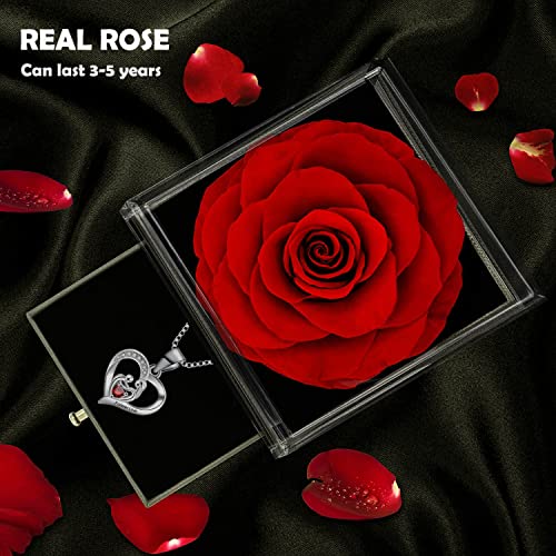 Mothers day gifts for Mum,Real Red Rose Box with Heart Silver Necklace,Eternal Rose with Mother and Baby Garnet Pedant,Crystal Necklace for Mother and Daughter Gifts,Preserved Rose Birthday Gift.