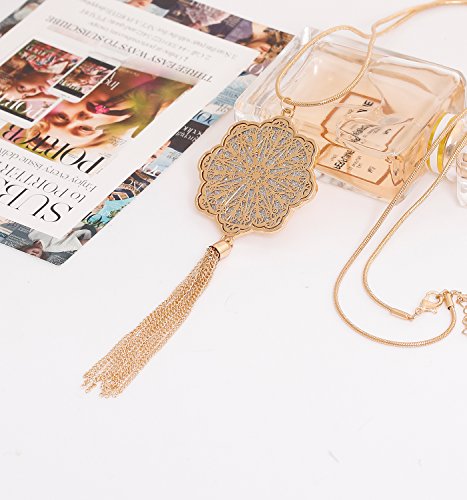 MOLOCH Long Necklaces For Woman Disk Circle Pendant Necklaces Tassel Fringe Y Necklace Set Statement Pendant (floral-shaped-gold)