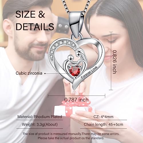 Mothers day gifts for Mum,Real Red Rose Box with Heart Silver Necklace,Eternal Rose with Mother and Baby Garnet Pedant,Crystal Necklace for Mother and Daughter Gifts,Preserved Rose Birthday Gift.