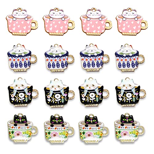 16Pcs Dainty Jewelry Charm Teacup Cat European Pedants Colorful Printed Enamel Charms Womens Cute Charms Bulk Anime Cat Charms For Girls diy Crafts Bracelets Earrings Necklace Anklet Charms Cat