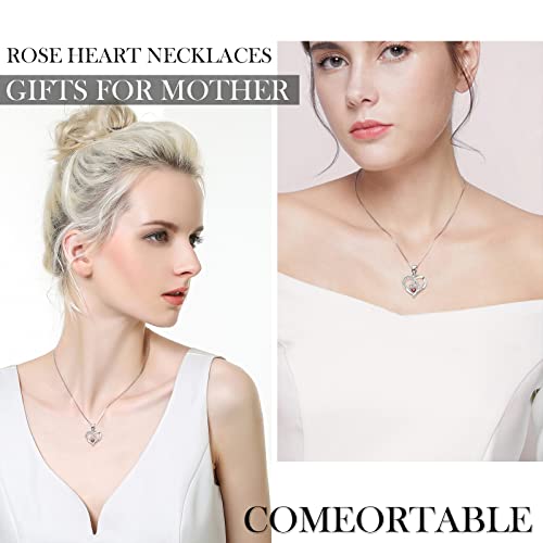 Mothers day gifts for Mum,Real Red Rose Box with Heart Silver Necklace,Eternal Rose with Mother and Baby Garnet Pedant,Crystal Necklace for Mother and Daughter Gifts,Preserved Rose Birthday Gift.