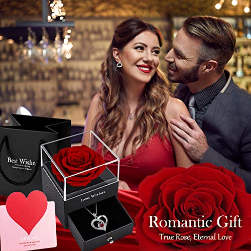 Mothers day gifts for Mum,Real Red Rose Box with Heart Silver Necklace,Eternal Rose with Mother and Baby Garnet Pedant,Crystal Necklace for Mother and Daughter Gifts,Preserved Rose Birthday Gift.