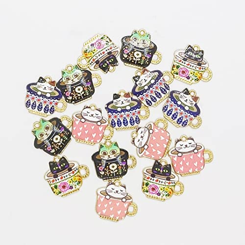 16Pcs Dainty Jewelry Charm Teacup Cat European Pedants Colorful Printed Enamel Charms Womens Cute Charms Bulk Anime Cat Charms For Girls diy Crafts Bracelets Earrings Necklace Anklet Charms Cat
