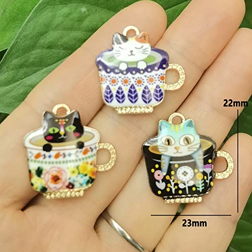 16Pcs Dainty Jewelry Charm Teacup Cat European Pedants Colorful Printed Enamel Charms Womens Cute Charms Bulk Anime Cat Charms For Girls diy Crafts Bracelets Earrings Necklace Anklet Charms Cat
