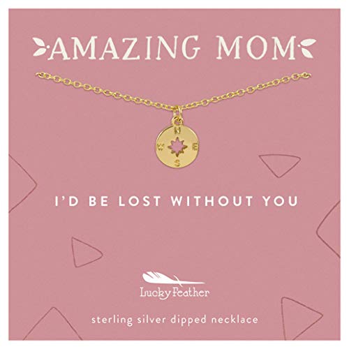 Lucky Feather Amazing Mom Necklace – 14K Gold Dipped with 16” – 18” Adjustable Cable Chain - Top Birthday and Mothers Day Gifts from Daughter or Son - Compass