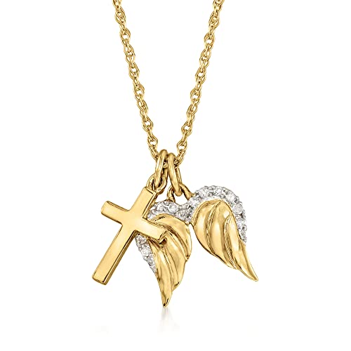 Ross-Simons 14kt Yellow Gold Cross and Angel Wings Pendant Necklace With Diamond Accents. 18 inches