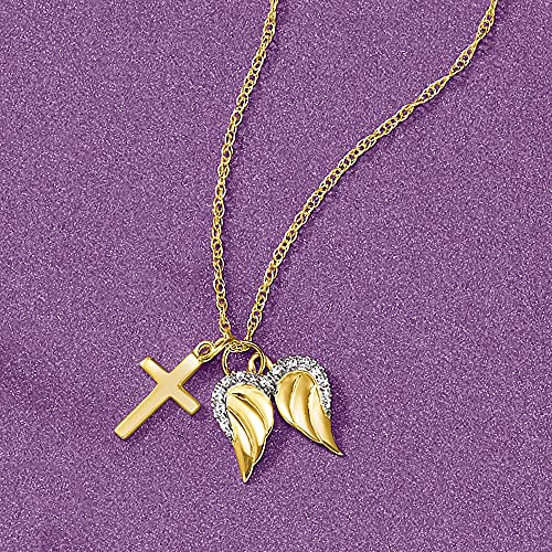 Ross-Simons 14kt Yellow Gold Cross and Angel Wings Pendant Necklace With Diamond Accents. 18 inches