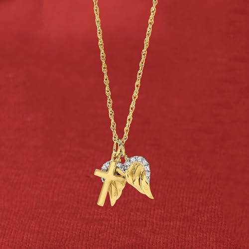 Ross-Simons 14kt Yellow Gold Cross and Angel Wings Pendant Necklace With Diamond Accents. 18 inches