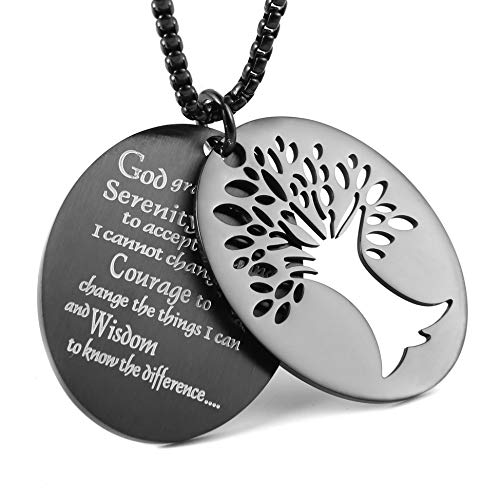 HZMAN Two Piece Serenity Prayer Stainless Steel Pendant Necklace With Tree Of Life Cut Out Black