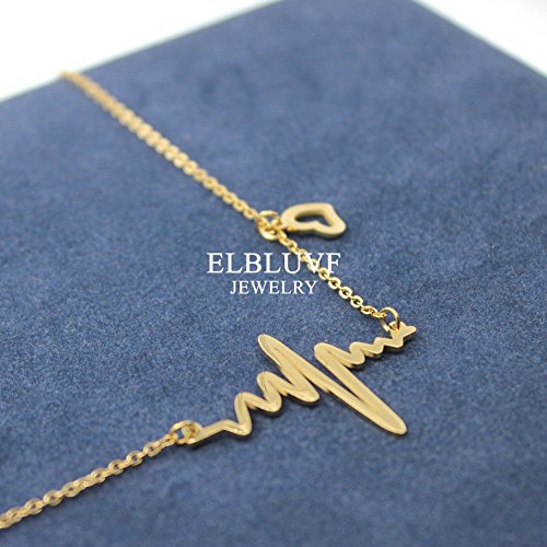 ELBLUVF 18k Gold Plated Stainless steel EKG Heart Beat Love Cardiogram Necklace for women