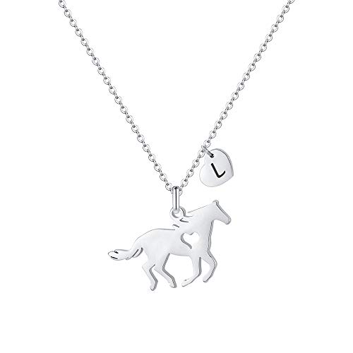 MONOOC Horse Necklace for Teen Girls, Horse Necklace with Initial Horse Lovers Gifts for Girls L Letter Necklace Heart Initial Necklace for Kids Horse Jewelry for Kids
