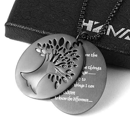 HZMAN Two Piece Serenity Prayer Stainless Steel Pendant Necklace With Tree Of Life Cut Out Black