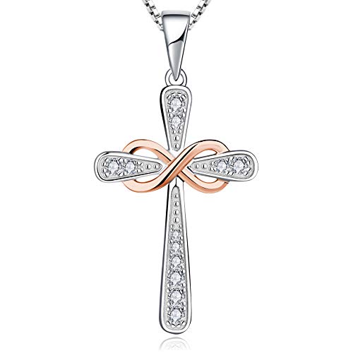 YL Women's Cross Necklace Sterling Silver Cubic Zirconia Infinity Crucifix Pendant 18K Rose Gold Plated Criss Jewelry