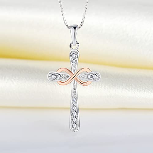 YL Women's Cross Necklace Sterling Silver Cubic Zirconia Infinity Crucifix Pendant 18K Rose Gold Plated Criss Jewelry