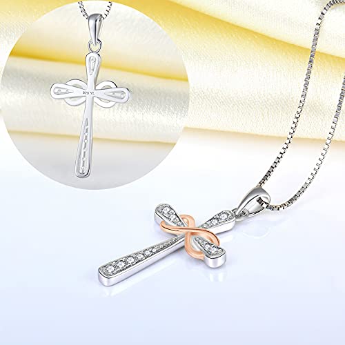 YL Women's Cross Necklace Sterling Silver Cubic Zirconia Infinity Crucifix Pendant 18K Rose Gold Plated Criss Jewelry