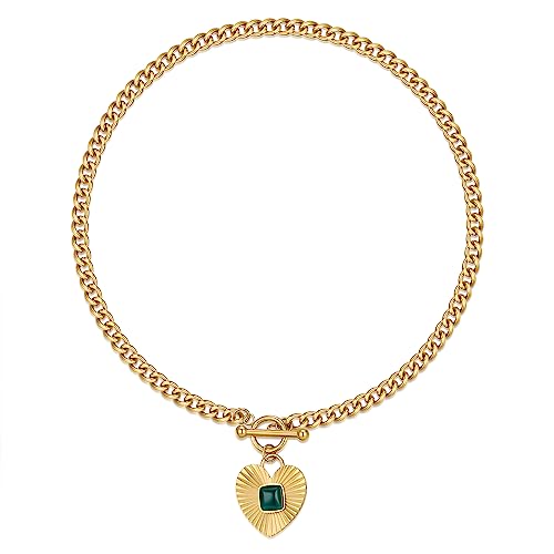NUZON Sunburst Heart Pendant Necklace with Green Agate Solitaire Stainless Steel 18K Gold Curb Cuban Thick Chain Toggle Bar Clasp Statement Jewelry for Women 18’’