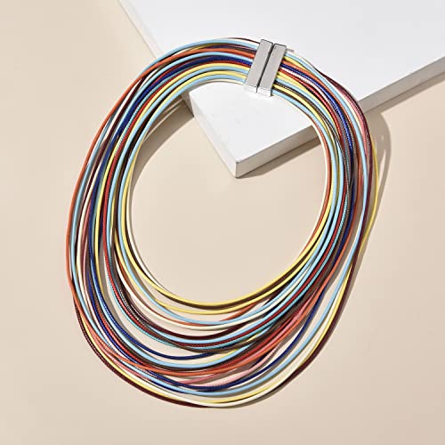 Women Multi Layer Chunky Bib Necklace Magnetic Clasp Wax Line Choker Statement Jewelry