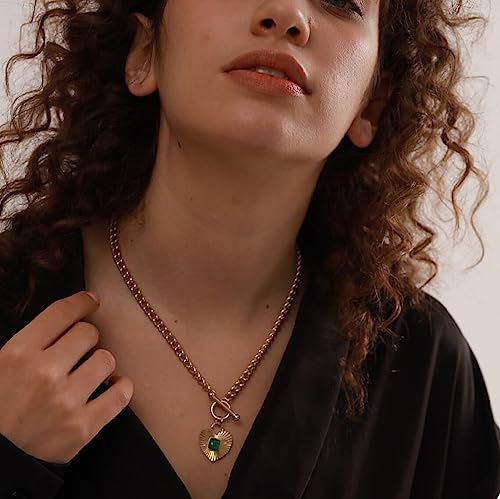 NUZON Sunburst Heart Pendant Necklace with Green Agate Solitaire Stainless Steel 18K Gold Curb Cuban Thick Chain Toggle Bar Clasp Statement Jewelry for Women 18’’