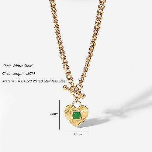 NUZON Sunburst Heart Pendant Necklace with Green Agate Solitaire Stainless Steel 18K Gold Curb Cuban Thick Chain Toggle Bar Clasp Statement Jewelry for Women 18’’
