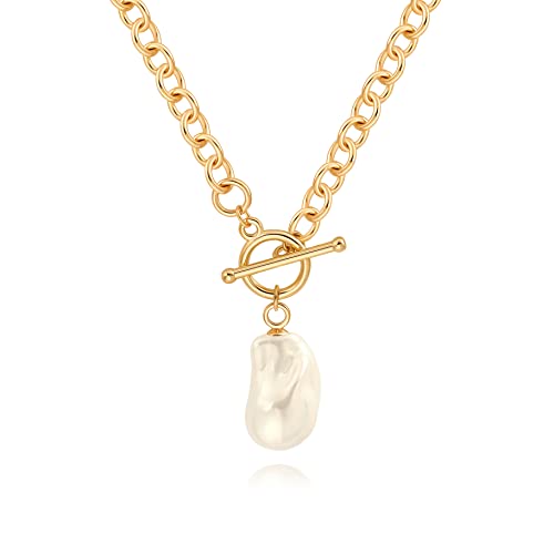 PEARLADA Large Baroque Pearl Pendant Necklace, 18k Gold Chunky Chain Link Necklace for Women, Statement Necklace with Toggle Clasp